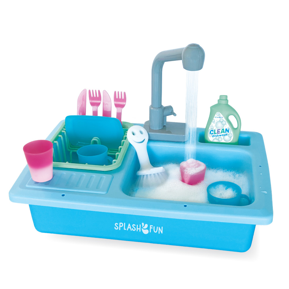 SPLASHFUN Wash-up Kitchen Sink Play Set with Running Water Pretend Play Kitchen Toy Set with Working Faucet and Color Changing Play Cups and Accessories.