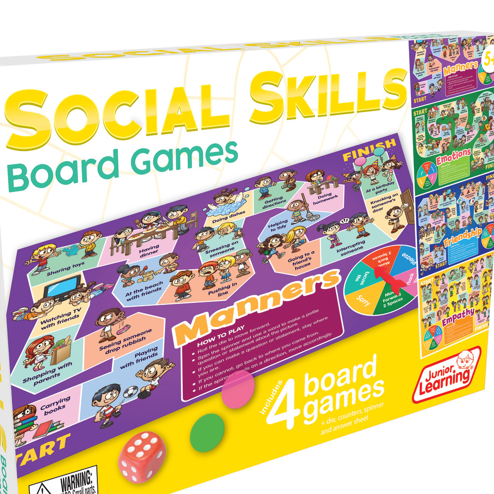 Junior Learning Social Skills Board Games - 4 Educational Board Games in 1 Learn about Manners, Emotions, Friendship, and Empathy