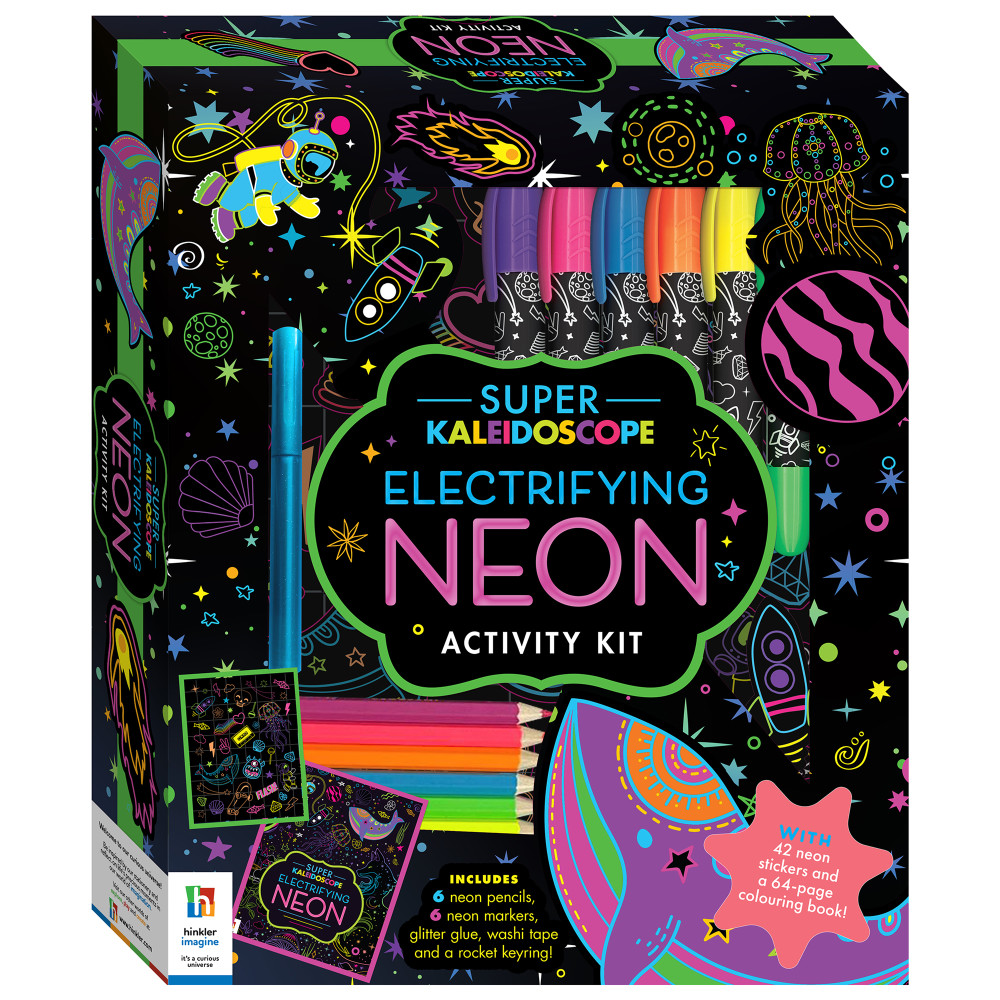 Super Kaleidoscope - Electrifying Neon Activity Kit - Space Themed Coloring Book with Neon Stationery and Stickers - Rocket Keyring - Arts and Craft Kits for Kids Aged 6 to 12